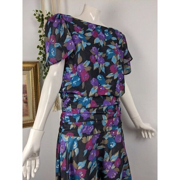 80s party dress floral print, drop waist short sleeve size 9 - Picture 8 of 9